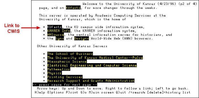 LYNX screen showing link to the University of Kansas CWIS