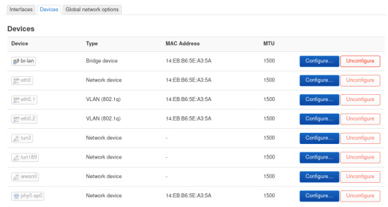 Menu Network => Interfaces => Devices