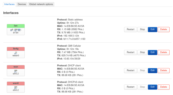 Menu Network => Interfaces